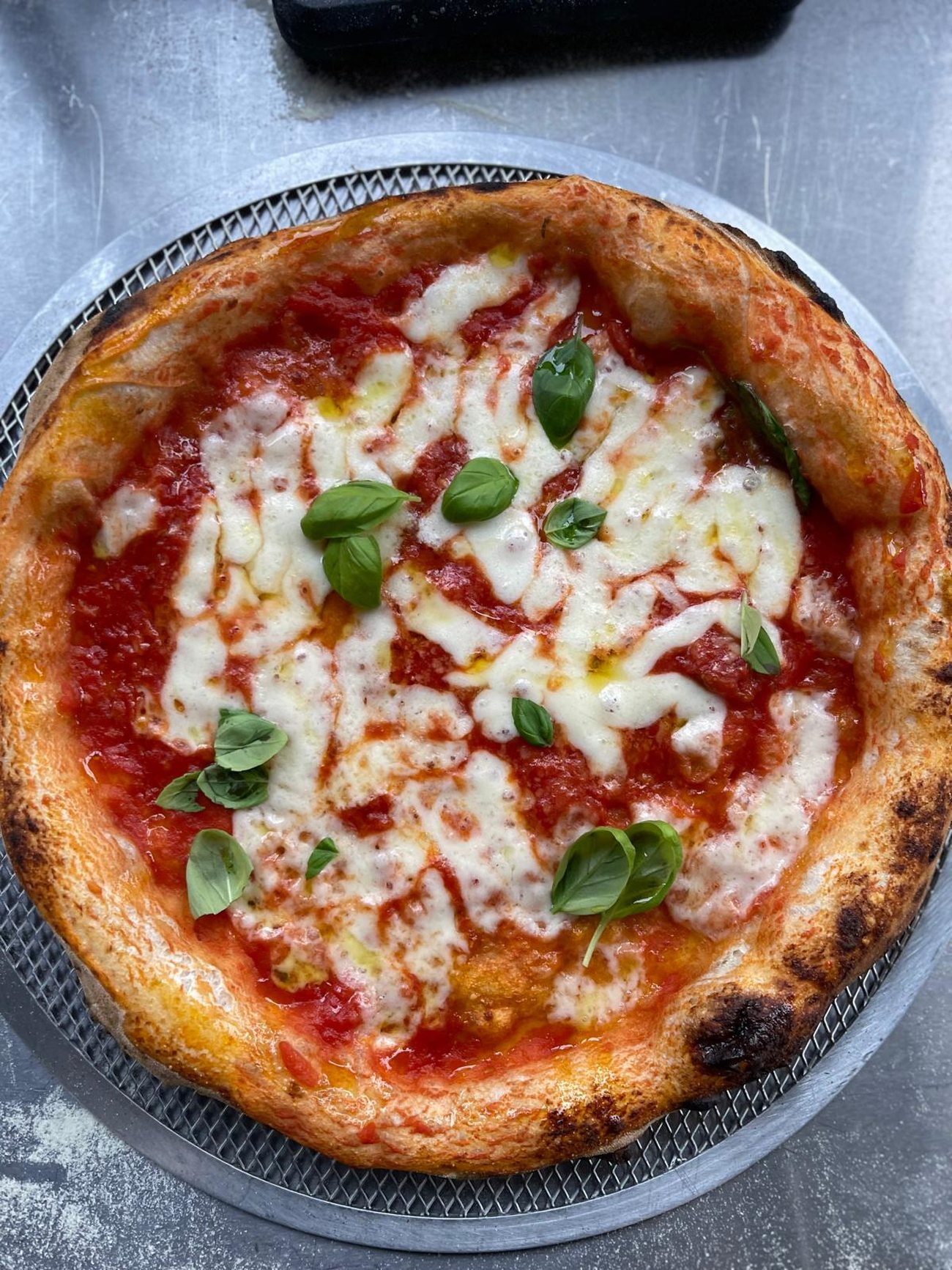 Margherita von oben: Tomate, Mozzarella, Basilikum, luftiger Rand
